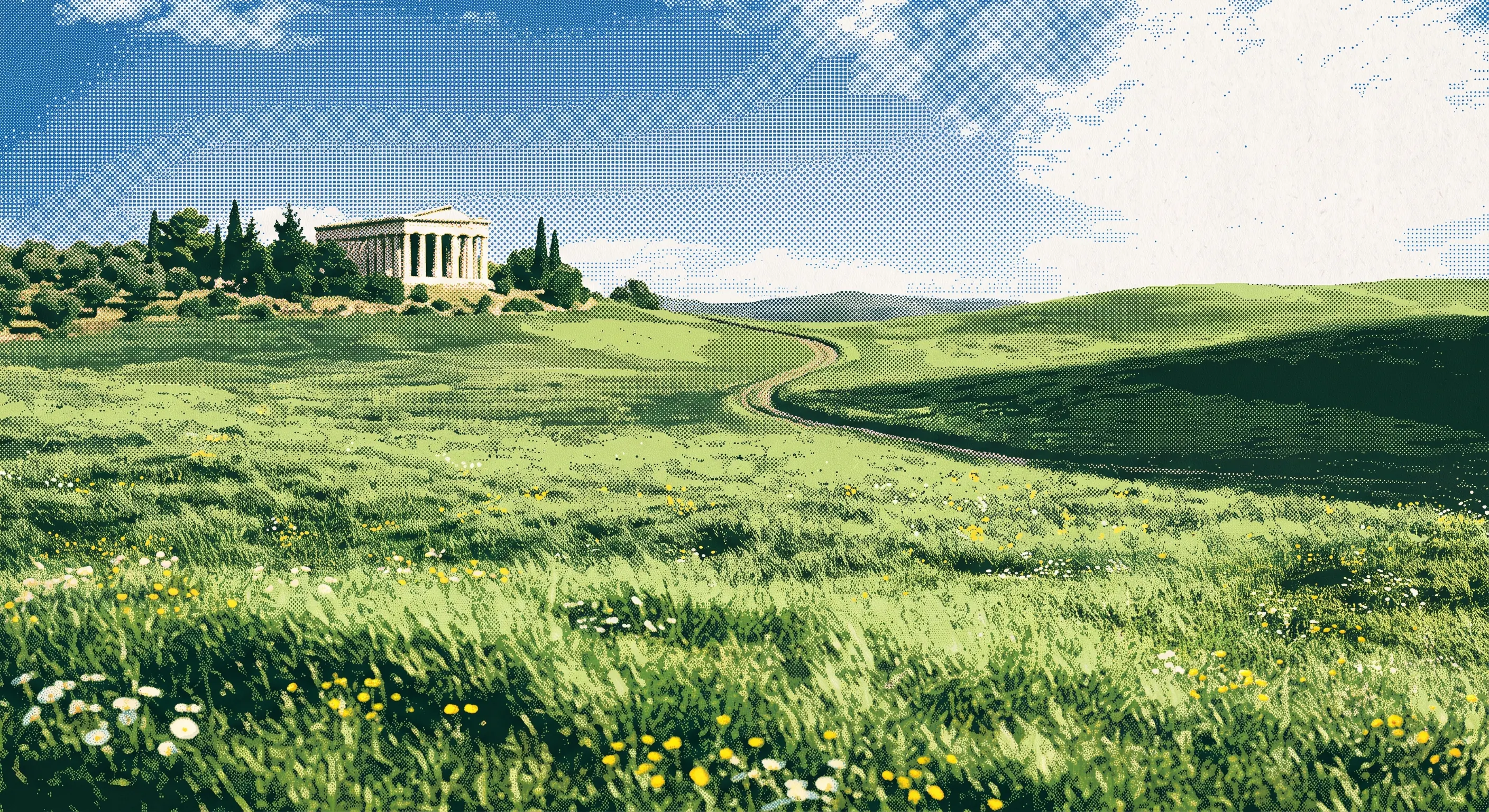 A halftone illustration of a Greek temple standing above a wide meadow