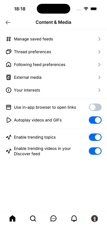 Captured screen for /settings/content-and-media