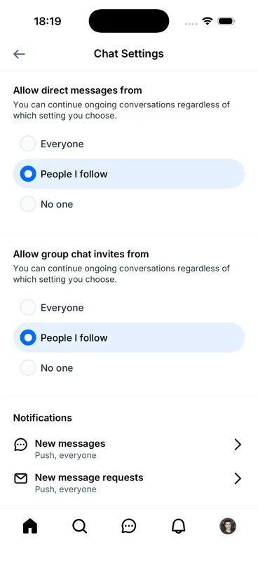 Captured screen for /messages/settings