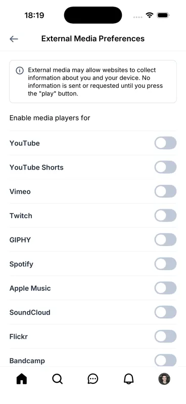 Captured screen for /settings/external-embeds